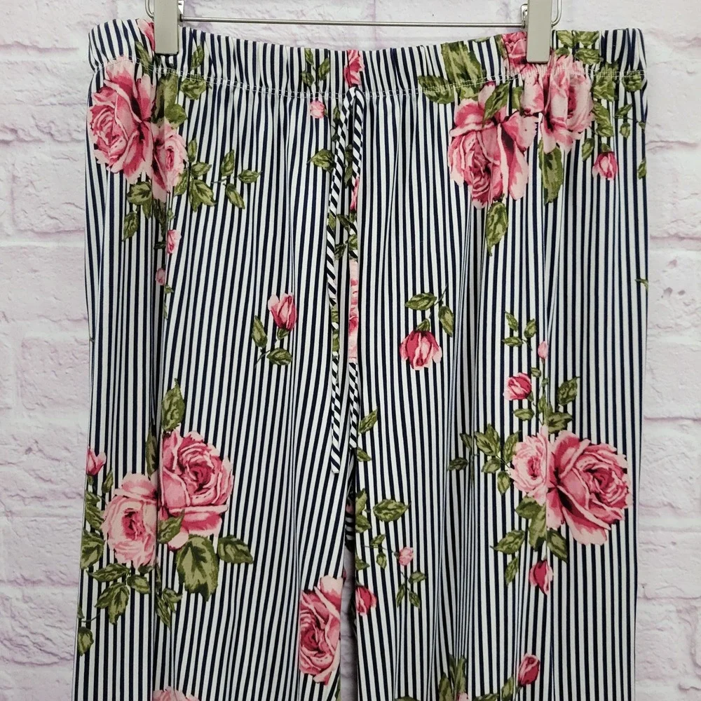 Wilde Floral Striped Wide Leg Pants 1X‎ Flowy Cottagecore Cozy Loungewear Hippie